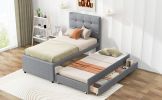 Twin Size Upholstered Platform Bed with Pull-out Twin Size Trundle and 3 Drawers, Gray