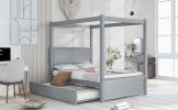 Wood Canopy Bed with Trundle Bed ,Full Size Canopy Platform bed With Support Slats .No Box Spring Needed, Brushed Gray