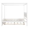 Elegant Full Size Wood Canopy Bed with Trundle | Sleek Brushed White Platform Bed, No Box Spring Required, Support Slats Included