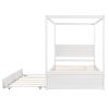 Elegant Full Size Wood Canopy Bed with Trundle | Sleek Brushed White Platform Bed, No Box Spring Required, Support Slats Included