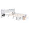 Charming Queen Size White Wood Platform Bed | Multi-Storage Headboard & Drawer | Stylish & Functional