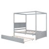 Wood Canopy Bed with Trundle Bed ,Full Size Canopy Platform bed With Support Slats .No Box Spring Needed, Brushed Gray