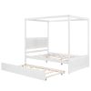 Elegant Full Size Wood Canopy Bed with Trundle | Sleek Brushed White Platform Bed, No Box Spring Required, Support Slats Included