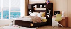 LUXURY FULL SIZE WOODEN BED W/ STORAGE SHELVES & CABINET - ESPRESSO FINISH | SPACE-SAVING DESIGN