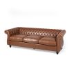 STUNNING COGNAC BROWN 84" RETRO SOFA – MID-CENTURY 3-SEATER WITH ROLLED ARMS, ELEGANT PU LEATHER COUCH