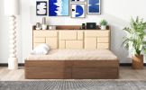 Deluxe Full Size Wood Daybed with Upholstered Storage, USB Ports & Dual Drawers | Rich Wood Finish