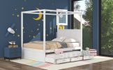 STUNNING WHITE QUEEN CANOPY PLATFORM BED WITH TWIN TRUNDLE & 3 STORAGE DRAWERS