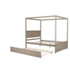 Wood Canopy Bed with Trundle Bed ,Full Size Canopy Platform bed With Support Slats .No Box Spring Needed, Brushed Light Brown