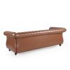 STUNNING COGNAC BROWN 84" RETRO SOFA – MID-CENTURY 3-SEATER WITH ROLLED ARMS, ELEGANT PU LEATHER COUCH