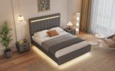 Floating Bed Frame Queen Size with LED Lights, Upholstered Headboard and Footboard Platform Bed, Wood Slats Support Easy Assembly