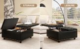 Mid-Century Modern Large Square Storage Stool | Chic Black PU Leather Footstool with Two Doors | Elegant Coffee Table with Studded Accents