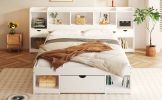 Charming Queen Size White Wood Platform Bed | Multi-Storage Headboard & Drawer | Stylish & Functional