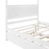 Elegant Full Size Wood Canopy Bed with Trundle | Sleek Brushed White Platform Bed, No Box Spring Required, Support Slats Included