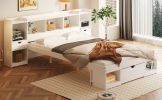 Charming Queen Size White Wood Platform Bed | Multi-Storage Headboard & Drawer | Stylish & Functional