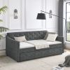 Twin Size Daybed with Twin Size Trundle Upholstered Tufted Sofa Bed, Waved Shape Arms, Grey (80.5"x44.5"x33.5")