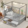 QUEEN CANOPY PLATFORM BED WITH TWIN TRUNDLE & STORAGE - GRAY