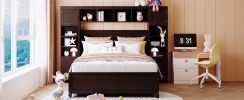 LUXURY FULL SIZE WOODEN BED W/ STORAGE SHELVES & CABINET - ESPRESSO FINISH | SPACE-SAVING DESIGN