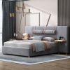 Luxurious Queen Upholstered Velvet Platform Bed | Gray | USB Charging Ports & Outlets | Storage Shelves | Two Bedside Pillows