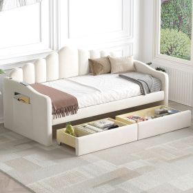 Twin size Upholstered Daybed with 2 Drawers ,Velvet Sofabed with USB Charging Ports,No Box-spring Needed,Beige