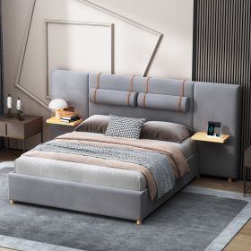 Luxurious Queen Upholstered Velvet Platform Bed | Gray | USB Charging Ports & Outlets | Storage Shelves | Two Bedside Pillows