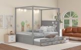 QUEEN CANOPY PLATFORM BED WITH TWIN TRUNDLE & STORAGE - GRAY