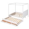 STUNNING WHITE QUEEN CANOPY PLATFORM BED WITH TWIN TRUNDLE & 3 STORAGE DRAWERS