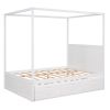 STUNNING WHITE QUEEN CANOPY PLATFORM BED WITH TWIN TRUNDLE & 3 STORAGE DRAWERS