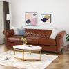 STUNNING COGNAC BROWN 84" RETRO SOFA – MID-CENTURY 3-SEATER WITH ROLLED ARMS, ELEGANT PU LEATHER COUCH