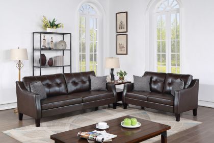 Contemporary Living Room Furniture 2-Pcs Sofa Set Dark Brown Gel Leatherette Couch Sofa And Loveseat Plush Cushion Tufted Plush Sofa Pillows