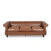 STUNNING COGNAC BROWN 84" RETRO SOFA – MID-CENTURY 3-SEATER WITH ROLLED ARMS, ELEGANT PU LEATHER COUCH