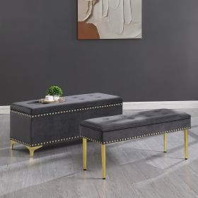 Large Storage Benches Set, Nailhead Trim 2 in 1 Combination Benches, Tufted Velvet Benches with Gold Leg for Living Room, Entryway, Hallway (Color: as Pic)