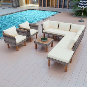 Luxurious 9-Piece Outdoor Rattan Furniture Set | Stylish Sectional Sofa with Acacia Wood Legs & Coffee Table (Color: as Pic)