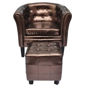 Tub Chair with Footstool Brown Faux Leather (Color: Brown)