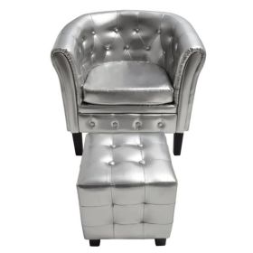 Tub Chair with Footstool Silver Faux Leather (Color: Silver)