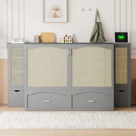 Queen Murphy Bed Wall Bed with Rattan Details | Space-Saving Design with Drawer, Storage Cabinets, USB Ports & Sockets (Color: Gray)