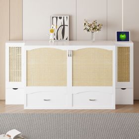 Queen Murphy Bed Wall Bed with Rattan Details | Space-Saving Design with Drawer, Storage Cabinets, USB Ports & Sockets (Color: White)