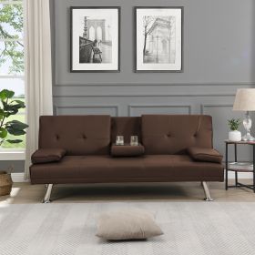 Stylish Futon Sofa Bed with Armrests, Wood Frame & Stainless Steel Legs - PVC Upholstered Comfort (Color: Brown)