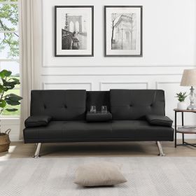 Stylish Futon Sofa Bed with Armrests, Wood Frame & Stainless Steel Legs - PVC Upholstered Comfort (Color: Black)