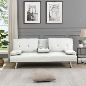 Stylish Futon Sofa Bed with Armrests, Wood Frame & Stainless Steel Legs - PVC Upholstered Comfort (Color: White)