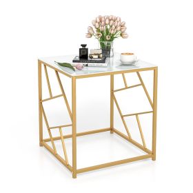 Choice of 1 or Set of 2 Household Decor Square End Tables with Tempered Glass Tabletop (Color: White & Gold, Type: 1 pcs)