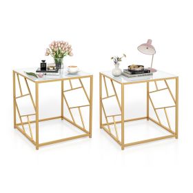 Choice of 1 or Set of 2 Household Decor Square End Tables with Tempered Glass Tabletop (Color: White & Gold, Type: 2 pcs)