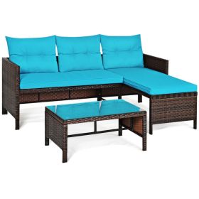 Luxe Coastal 3-Piece Outdoor Patio Rattan Corner Sofa Set | All-Weather Wicker Lounge with Cushions & Glass Table (Color: turquoise)