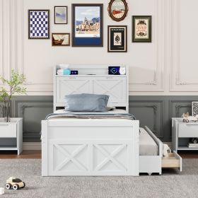 TWIN WOOD BED w/ STORAGE HEADBOARD & OUTLETS | EXTENDABLE w/ TRUNDLE & 3 DRAWERS (Color: as Pic)