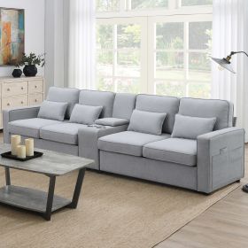 [VIDEO provided] [New] 114.2" Upholstered Sofa with Console, 2 Cupholders and 2 USB Ports Wired or Wirelessly Charged (Color: as Pic)